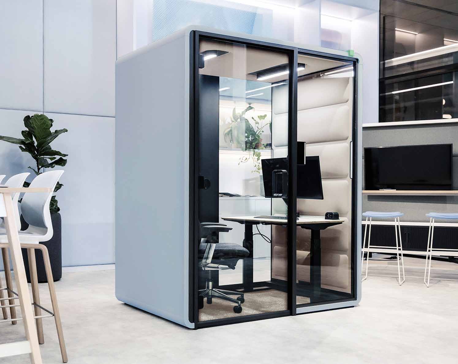 HushFree Work in white with monitor arm and height adjustable desk