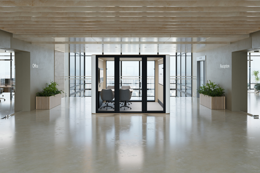 Bubliing R Accessible meeting pod in lobby empty