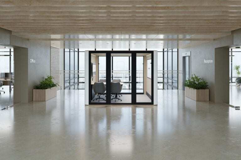 Bubliing R Accessible meeting pod in lobby empty