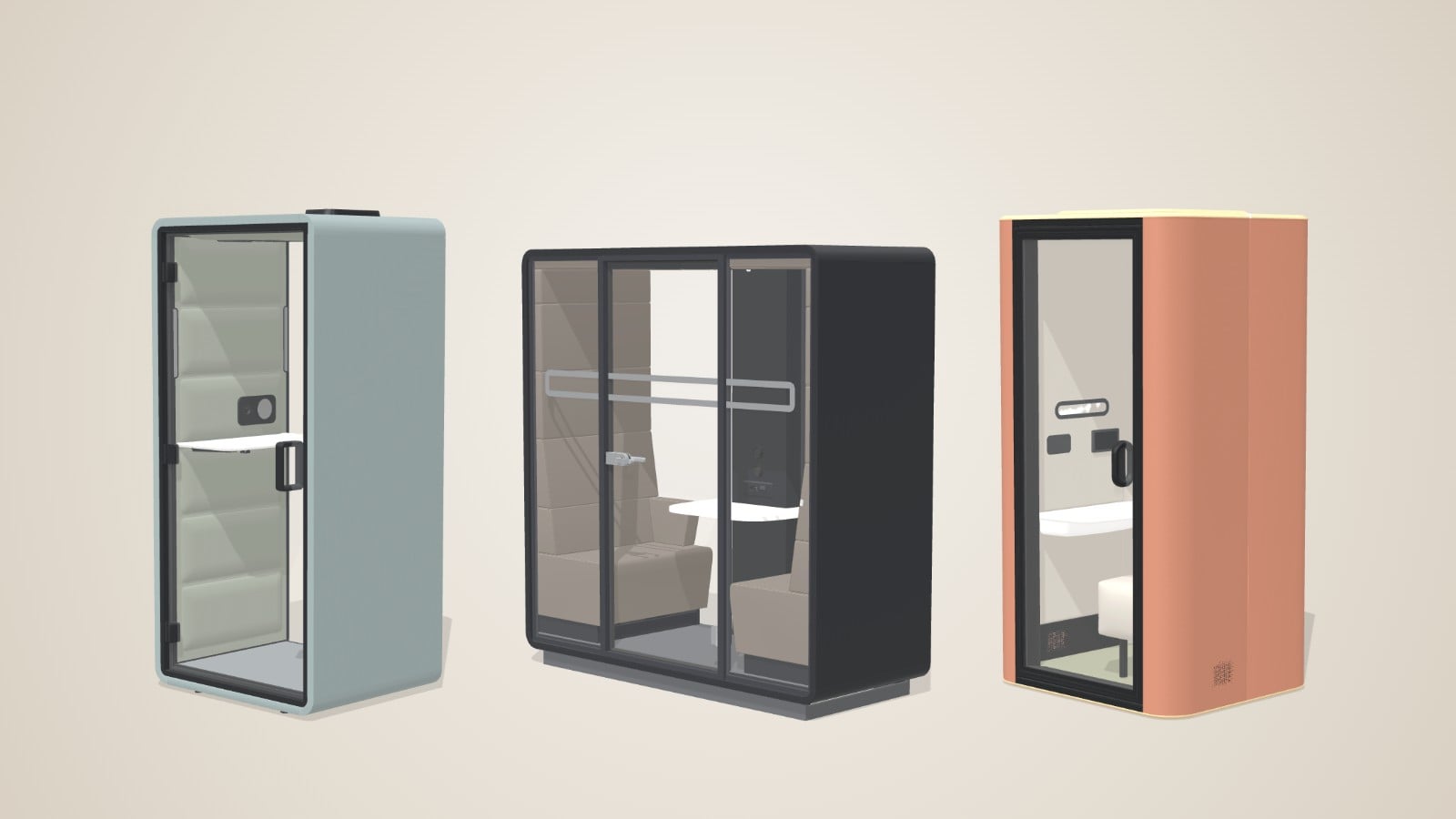 3D office pod configurator showing three pods in different colours