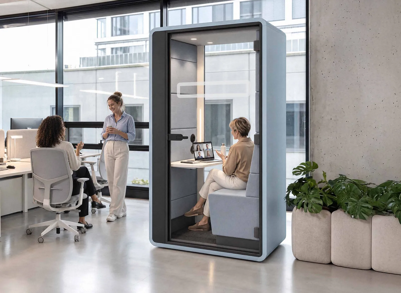 HushHybrid video call pod in Stream Blue in an open-plan office